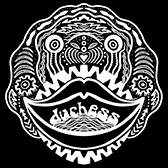 a black and white op art design that forms a scary face, with teeth that say 'duchess'