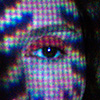 close-up of a person's eye with red eyeshadow, overlaid with a projection of a pixelated photo