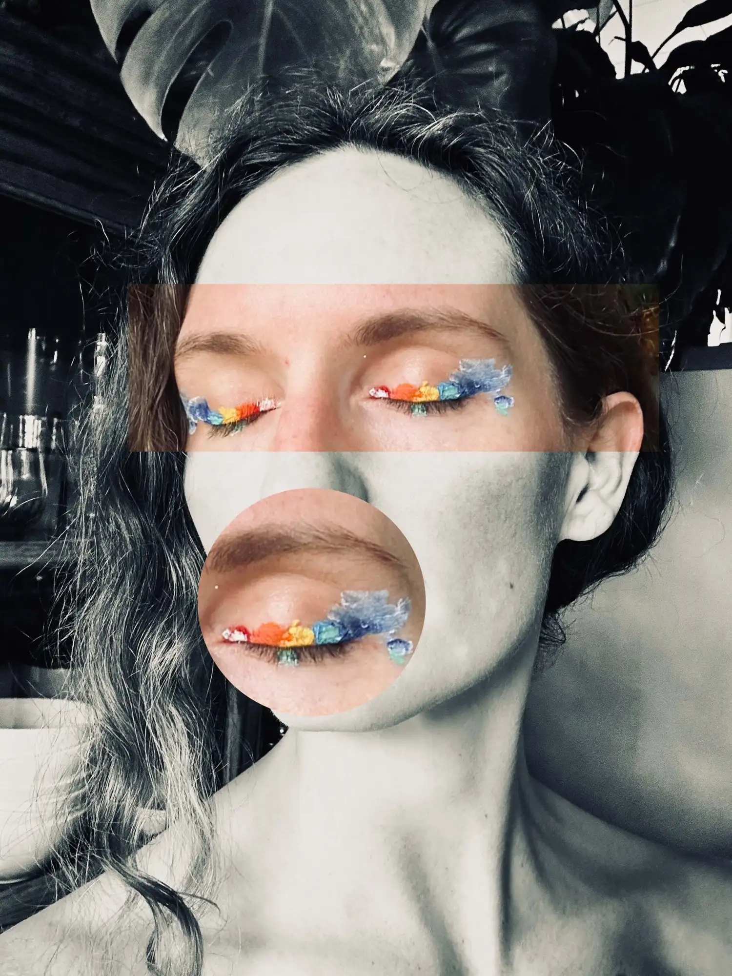 Lacey Guthrie's face with rainbow-colored paint on the eyes. Her mouth is overlaid with a circular cropped image of one of her eyes.