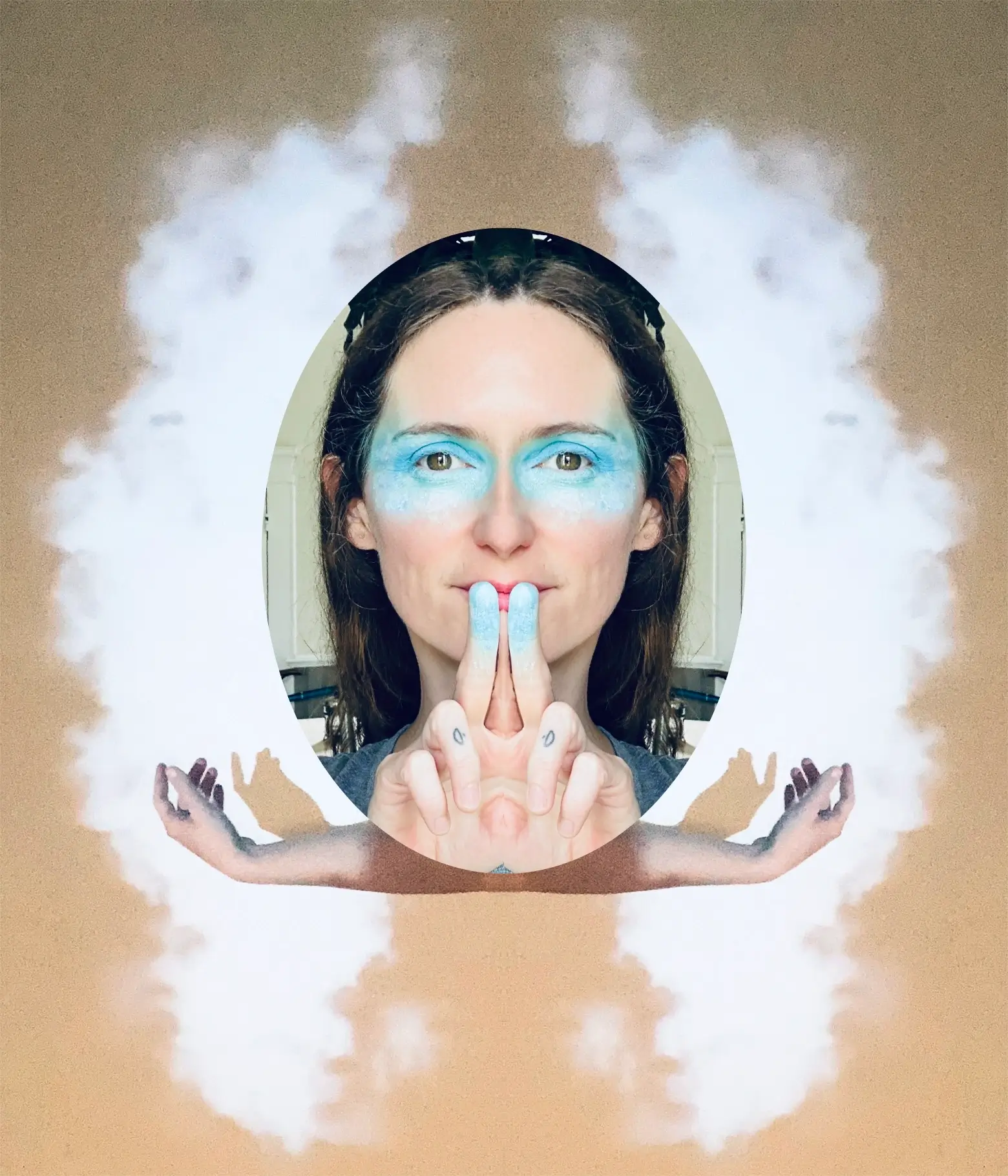 a symmetrical composition featuring mirrored images of Lacey Guthrie's face with colorful makeup.